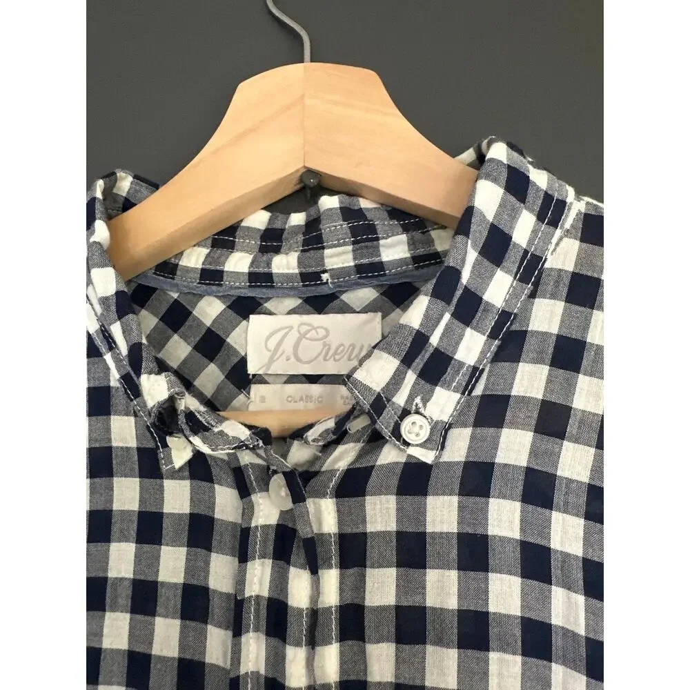 J. Crew Classic Fit Button Down Shirt in Crinkle Gingham Navy White Size 12